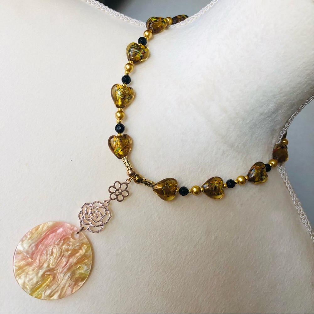Handcrafted repurpose sparkle medallion drop pendant Czech glass Pearl necklace